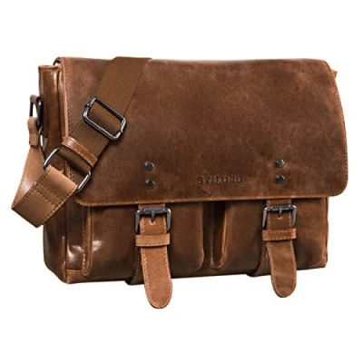 Image of STILORD &#039;Hunter&#039; Leather Messenger Bag 13 Inch Laptop Vintage Shoulder Briefcase for Men Satchel in Genuine Leather, Colour:Messina Brown