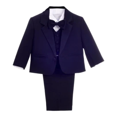 Image of Lito Angels Little Boy Formal Dress Suit Wedding Outfit Wear, 5 Pieces Set (Blazer, Shirt, Waistcoat, Trousers, Bow Tie) Age 3 Years (Tag Number 04), Dark Navy