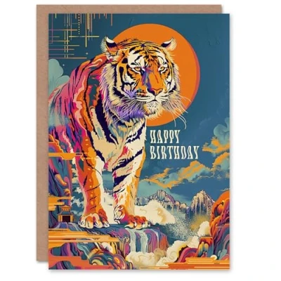 Image of Artery8 Personalised Birthday Card Colourful Tiger Japanese Temple Waterfall For Him Man Male Dad Brother Son Papa Grandad Greeting