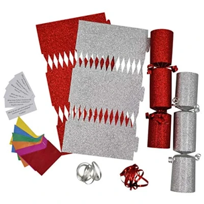 Image of evelay 12 Make Your Own Christmas Cracker kit Crackers Hats Snaps SILVER &amp; RED