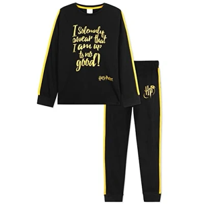 Image of Harry Potter Pyjamas for Girls Teens Nightwear Long Sleeve 100% Cotton Soft Breathable Lounge Wear PJs Black/Gold Age 7 14 Gifts (Black/Gold, 13 Years)