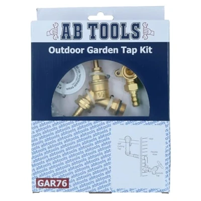Image of AB Tools Outdoor Tap Kit Brass Self Cut Hose Pipe Garden Water Fittings Wall Mounted