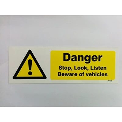 Image of DANGER STOP LOOK LISTEN BEWARE OF VEHICLES SIGN 300x100mm RIGID PLASTIC