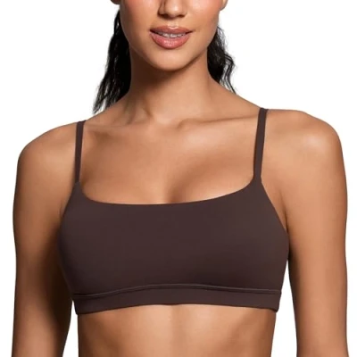 Image of CRZ Yoga Butterluxe Women&#039;s Adjustable Straps Sports Bra Padded Scoop Neck Bras Wireless Workout Crop Top Hot Fudge Brown 10