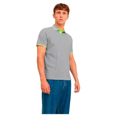 Image of JACK &amp; JONES Men&#039;s Jjepaulos Polo SS Noos Shirt, Light Grey Melange/Detail: neon, M