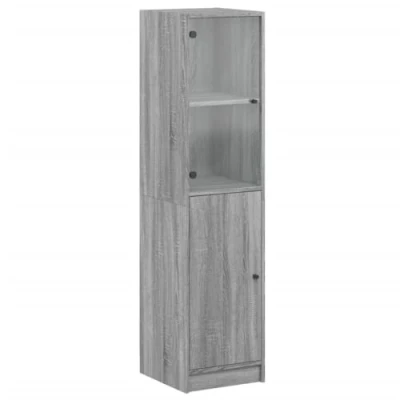 Image of vidaXL Highboard with Glass Door Grey Sonoma, Engineered Wood, Modern Storage Cabinet for Living Room 35x37x142cm, Wall Attachment