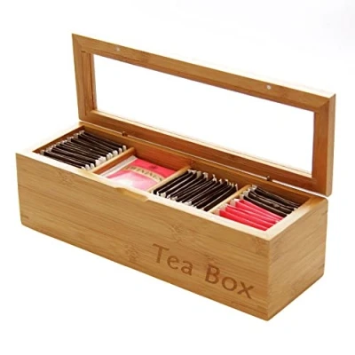 Image of Woodquail Tea Box Caddy Storage Organiser Tidy, Made of Natural Bamboo (4 Compartments)