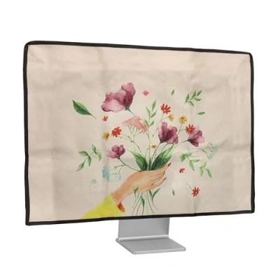 Image of kwmobile Dust Cover for 24 26&quot; Monitor Linen Protector with Design Watercolor Flowers Dusty Pink/Violet/Yellow