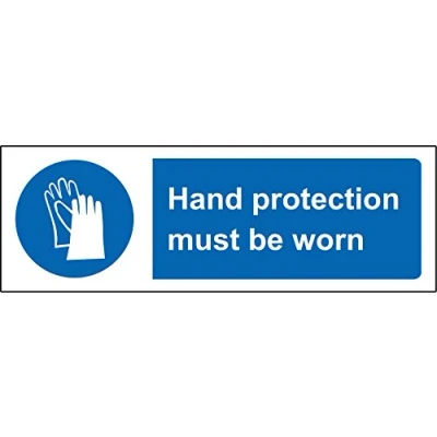 Image of Hand protection must be worn Safety sign Self adhesive sticker 300mm x 100mm