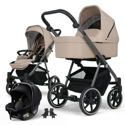 Image of my junior® NOAX² 3 in 1 Pushchair with Baby Seat, Carrier, Sports Adapter, Spacious Shopping Basket (Urban Beige)