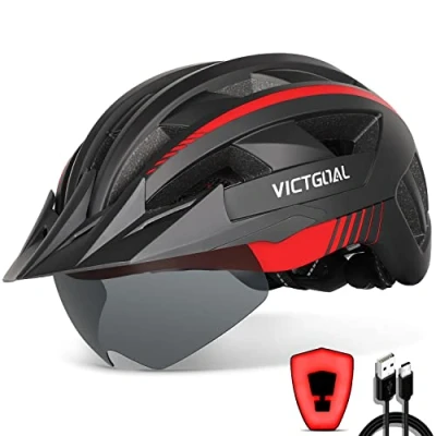 Image of Victgoal Bike Helmet with USB Rechargeable LED Light Removable Magnetic Goggles Visor Breathable MTB Mountain Bicycle for Unisex Men Women Adjustable Cycle Helmets (M: 54 58 cm, Black Red)