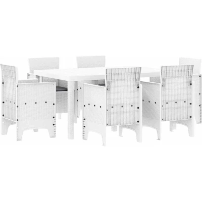 Image of vidaXL 7 Piece Garden Dining Set with Cushions White Poly Rattan
