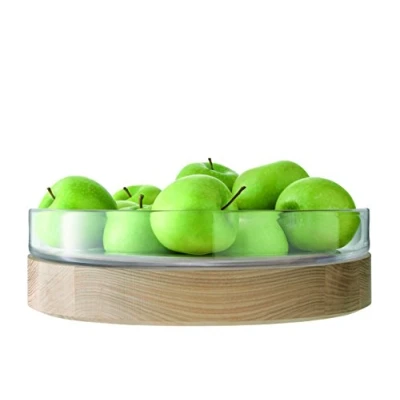 Image of LSA Lotta Bowl Clear &amp; Ash Base Ø31cm 1 Unit Mouthblown Handmade Glass Hand Planed Wood LW10