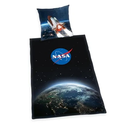 Image of Herding NASA Bedding Set, Pillowcase 70 x 90 cm, Duvet Cover 140 200 with smooth running zip, 100% Cotton/Renforcé, Black
