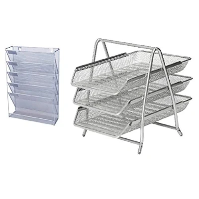 Image of KAV Value 2 pcs Office Desk Organiser Set ; Mesh Wall Hanging Magazine Literature Holder + 3 Tier Tray Letter Front Load Portrait Foolscap (Silver)