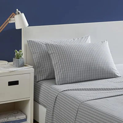 Image of Nautica Full Sheet Set, Cotton Percale Bedding Crisp &amp; Cool, Lightweight Breathable (Michael Plaid Grey, Full)