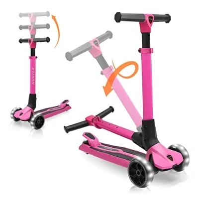 Image of Hurtle, 3 Wheeled Scooter for Kids, Adjustable Height Kids Scooter, Foldable Stand Children Toddlers Kick Scooters Boys &amp; Girls Ages 4 12, w/LED Wheel Lights, Wide Anti Slip Deck