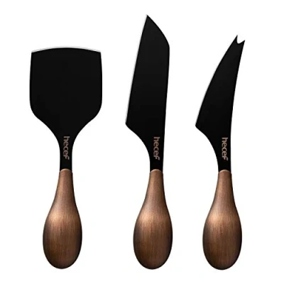 Image of hecef Cheese Knife Set of 3, Bronze Grain Multipurpose Knife, Retro Includes Pronged Hard &amp; Chisel Black,with Gift Box