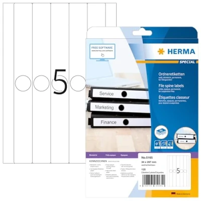 Image of HERMA Self Adhesive Spine Labels, 5 Labels per A4 Sheet, 25 Sheets, 34 x 297 mm, 125 Blank Suspension Lever Arch File Folder Stickers, Sticky for Laser &amp; Inkjet Printer, White
