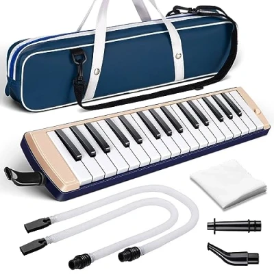 Image of CAHAYA Melodica Music Instrument 32 Key Portable with Double Plastic Flexible Long Pipe, Short Mouthpieces and Carrying Bag, Beige CY0348