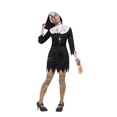 Image of Smiffys Zombie Sister Costume, Black Dress, Headpiece, Belt &amp; Cross Necklace, Halloween Adult Fancy Dress Up Costumes