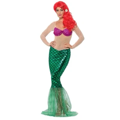 Image of Smiffys Deluxe Sexy Mermaid Costume, Green with Sequin Full Length Dress &amp; Hair Clip, Fairytale, Wings and Wands Fancy Dress, Up Costumes