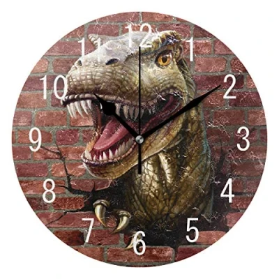 Image of Use7 Home Decor Brick Wall Dinosaur Round Acrylic Clock Non Ticking Silent Art for Living Room Kitchen Bedroom