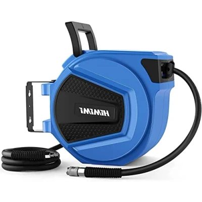 Image of Compressed Air Hose Reel 50 ft, Automatic for Compressor, Wall Holder, Workshop, Garage, 1/4 Inch Quick Couplings, 20 Bar Max, Diameter 9.5 mm