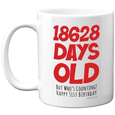 Image of 51st Birthday Mug Gift for Men Women Him Her 18628 Days Old Funny Adult Fifty One First Happy Present Dad Mum Nan Grandad Uncle Auntie, 11oz Ceramic Dishwasher Safe Coffee Mugs