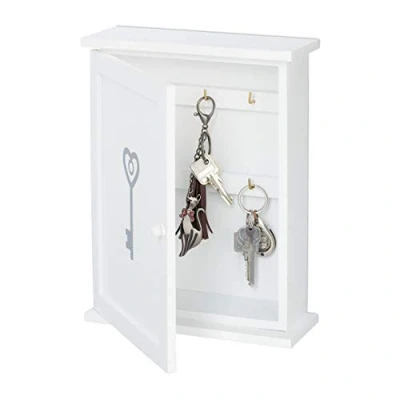 Image of Relaxdays Wooden Cabinet, Motif, Country House Style, to Hang Up, Key Box HxWxD 29 x 22 8 cm, White, Fibreboard, Iron
