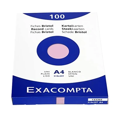 Image of Exacompta Ref 13336E Bristol Plain Record Cards (Pack of 100) A4 in Size, 205gsm Card, Compatible with Printers Suitable for Exam Revision &amp; Notes Pink