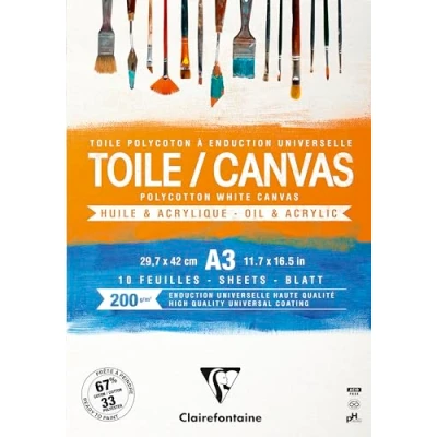 Image of Clairefontaine Ref 975208C Ready to Paint Canvas Pad (10 Sheets) A3 Sized, 200gsm Paper, Acid Free, pH Neutral White Suitable for Oil &amp; Acrylic