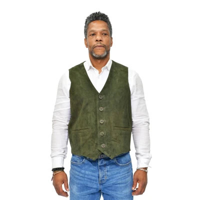 Image of Mens Olive Suede Leather Waistcoat Classic Casual Formal Traditional Gilet Vest 2XL