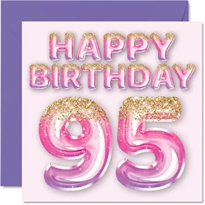 Image of 95th Birthday Card for Women Pink &amp; Purple Glitter Balloons Happy Cards 95 Year Old Woman Mum Great Nanny Grandma Gran, 145mm x Ninety Five Fifth Bday Greeting Gift