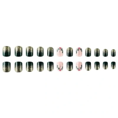 Image of 24 Pcs Christmas Press On Nails Short Round False Winter Full Covers Stick Glittering Artificial