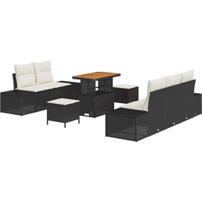 Image of Vidaxl 8 Piece Garden Sofa Set with Cushions Black Poly Rattan Acacia