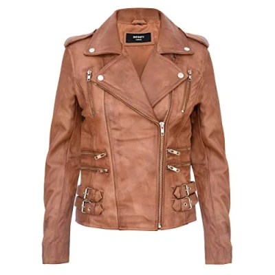 Image of Ladies Retro Tan 100% Nappa Leather Biker Jacket 2XL