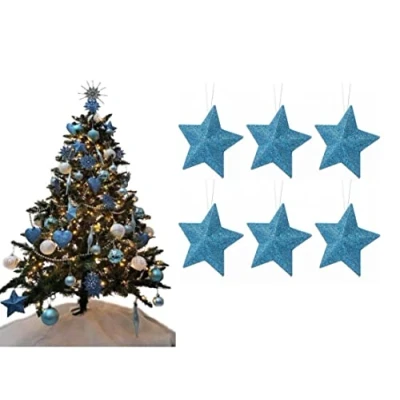 Image of Pack of 6 8cm 3D Glitter Star Baubles Christmas Tree Decorations (Ice Blue)