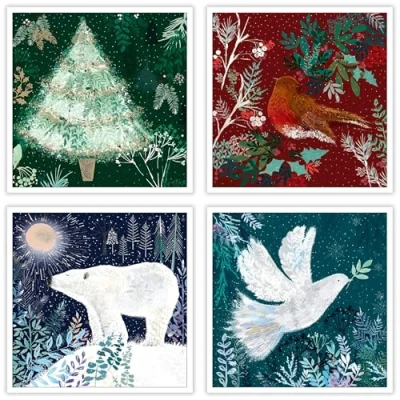 Image of Museums and Galleries Charity Christmas Cards Pack of 20 with Winter Forest Illustrated Designs Eco Friendly Xmas Multipack Envelopes