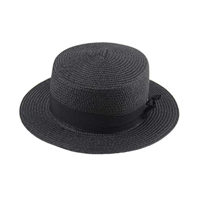 Image of ACVIP Women&#039;s Solid Color Straw Boater Hat with Bow Band (Black)