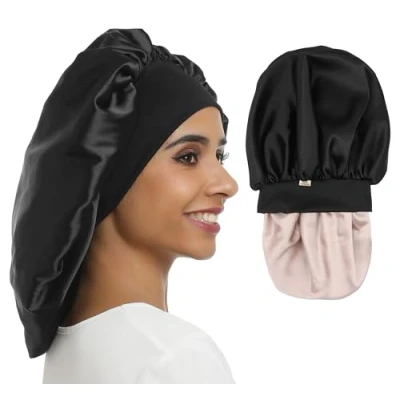 Image of SENGTERM 100% Mulberry Silk Hood Sleeping Cap 16 Momme Large Hair Cover Double Layer Satin Bonnet for Women Long Curly Care (Black Silk)