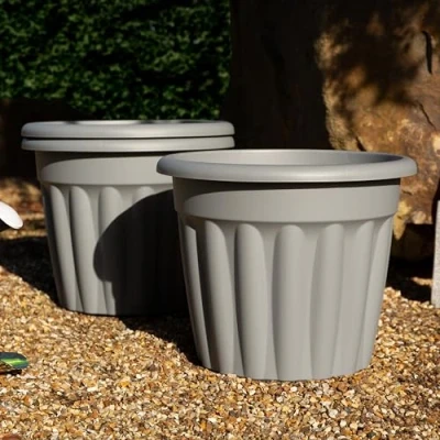 Image of Wham 3x 50cm Vista Plastic Planter, Round Garden Plant Pot, Large Floor Pot (50cm, 42L, Pack of 3) Indoor/Outdoor, Made in UK (Upcycle Grey)