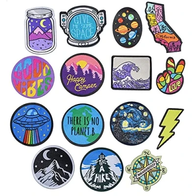 Image of 15Pcs Iron on Patches Universe Space Plants Colorful Applique Stickers Embroidered for Clothing DIY Clothes Custom Badges