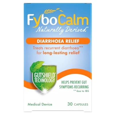 Image of FyboCalm, 30 Capsules, Diarrhoea Relief, IBS Relief for Adults, Gut Cleanse, Bloating Stomach Pain Long Lasting, Naturally Derived, Prebiotic, Laxatives, Digestion and Nausea