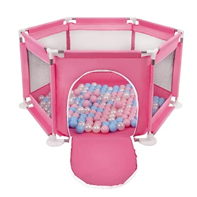 Image of Selonis Hexagon 6 Side Play Pen with 100 Balls, Pink:Babyblue/Powder Pink/Pearl