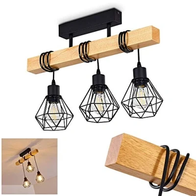 Image of hofstein Ceiling lamp Barbengo, Made of Metal/Wood in Black/Brown, 3 Flame, with Height Adjustable spotlights, x E27, spot Retro/Vintage Design w. Lattice Optic, Without Bulbs