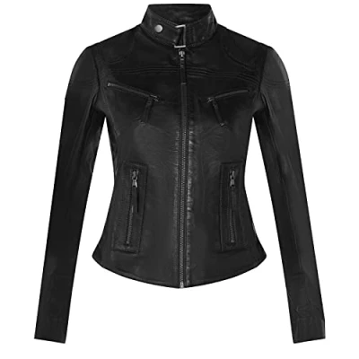 Image of Women&#039;s Classic Black Real Leather Biker Moto Fashion Slim Fit Jacket M