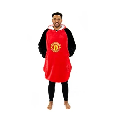 Image of Manchester United FC Hugzee Oversized Wearable Hooded Fleece Super Warm and Cosy Premium Sherpa Lined, Design Perfect For Teens, Women Men, One Size Suggested Height 110cm+, Red