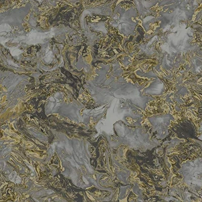 Image of Liquid Marble Swirl Effect Wallpaper Stone 3D Metallic Glitter Charcoal and Gold