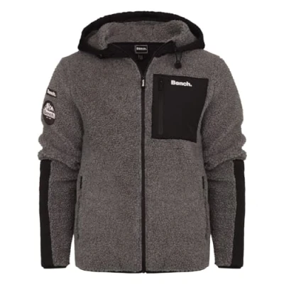 Image of Bench Original Mens Full Zip Soft Fleece Thru Borg Sherpa Jacket Sweatshirt Hood Jumper Pockets Padded Warm Teddy Windproof Hooded Outdoor Coat Fully Lined Grey Marl S